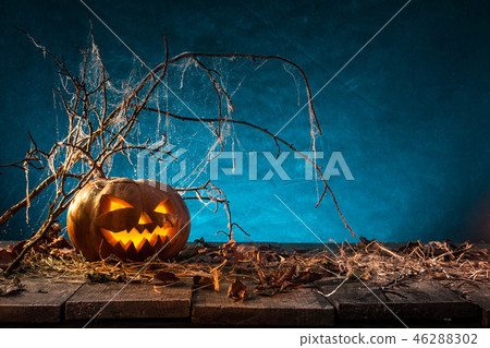 Halloween pumpkins on wooden planks. Halloween pumpkins on wooden planks. 46288302