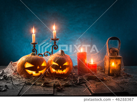 Halloween pumpkins on wooden planks. Halloween pumpkins on wooden planks. 46288367