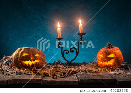 Halloween pumpkins on wooden planks. Halloween pumpkins on wooden planks. 46288368