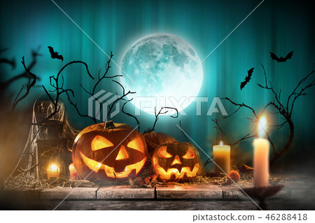 Halloween pumpkins on wooden planks. Halloween pumpkins on wooden planks. 46288418