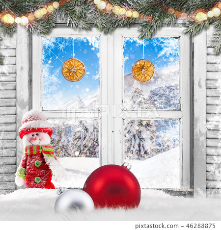 Christmas old white window with decorations. 46288875