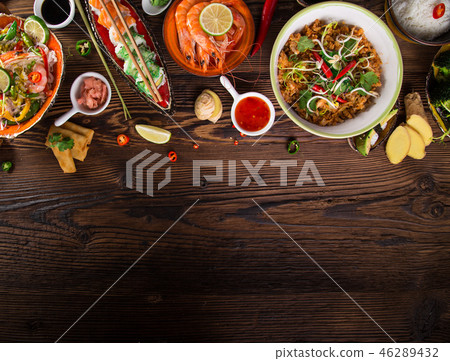 Various of asian meals on rustic background , top view , place for text. 46289432