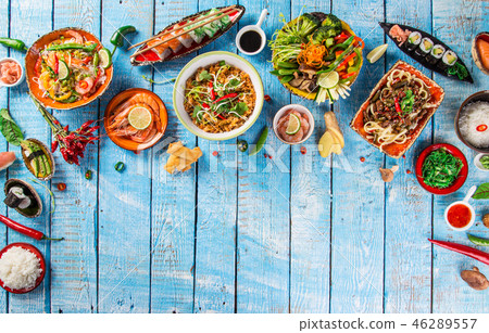Various of asian meals on rustic background , top view , place for text. 46289557
