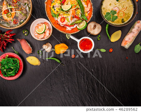 Various of asian meals on rustic background , top view , place for text. 46289562