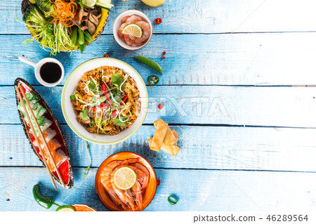 Various of asian meals on rustic background , top view , place for text. 46289564