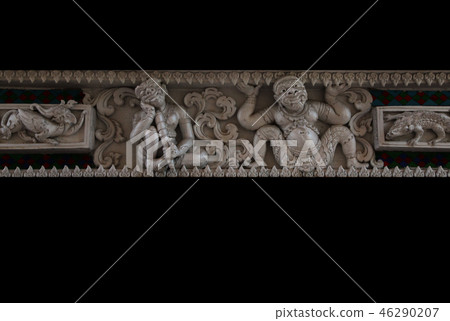 Relief of the outer wall of Chiang Mai Wat Rotor Buddha, Thailand Hanuman working hard with nostalgia Hanuman Relief of the outer wall of Chiang Mai Wat Rotor Buddha, Thailand Hanuman working hard with nostalgia Hanuman 46290207