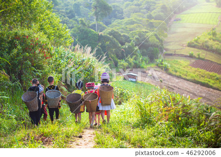 Girl and boy wearing a Hmong dress carry bamboo 46292006
