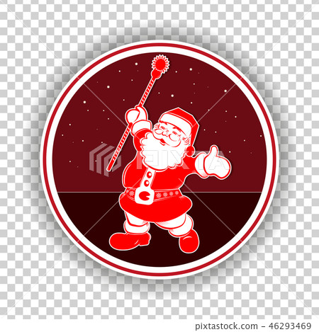 Round sign with red, white silhouette of Santa Claus with staff. 46293469