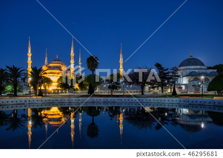 Illuminated Blue or Sultan Ahmed Mosque with night reflection in 46295681