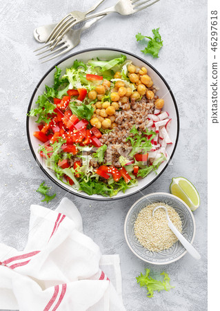 Vegetable salad, buckwheat porridge and chickpeas 46297618
