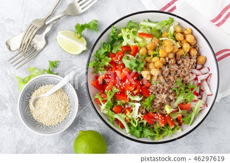 Vegetable salad, buckwheat porridge and chickpeas 46297619