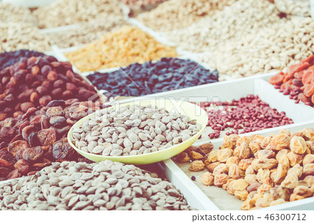 Dried fruits and nuts on local food market Dried fruits and nuts on local food market 46300712