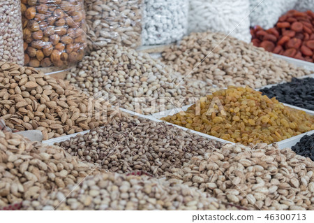 Dried fruits and nuts on local food market Dried fruits and nuts on local food market 46300713