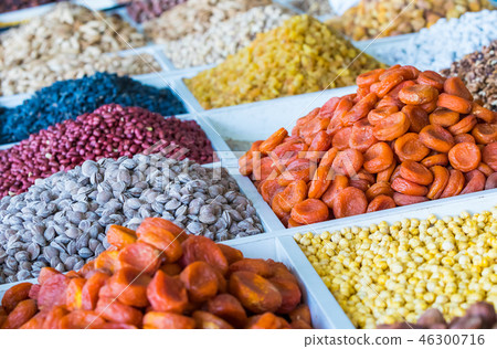 Dried fruits and nuts on local food market Dried fruits and nuts on local food market 46300716
