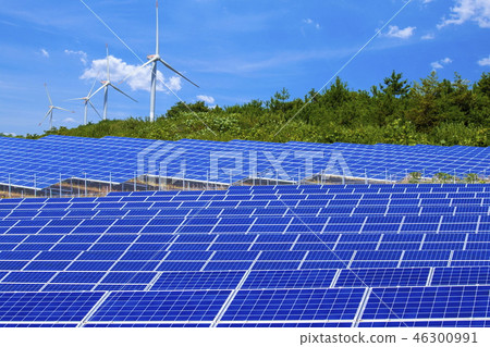 Eco image_ Photovoltaic power plant and wind power plant and green and blue sky Eco image_ Photovoltaic power plant and wind power plant and green and blue sky 46300991