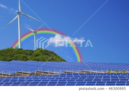 Eco image_ Photovoltaic電廠和風力發電廠和綠色和藍天 Eco image_ Photovoltaic電廠和風力發電廠和綠色和藍天 46300995