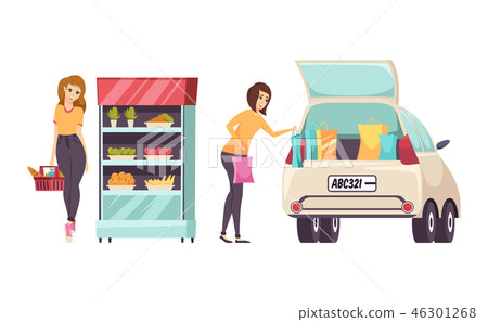 Shopping Females Beauty Stand Isolated Set Vector Shopping Females Beauty Stand Isolated Set Vector 46301268