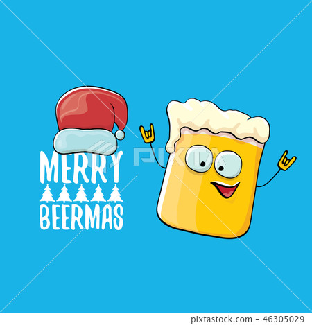 Merry beermas vector comic christmas greeting card with beer glass cartoon character and red santa 46305029