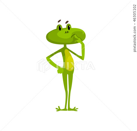 Little funny thoughtful frog, cute green amfibian animal cartoon character vector Illustration on a Little funny thoughtful frog, cute green amfibian animal cartoon character vector Illustration on a 46305102