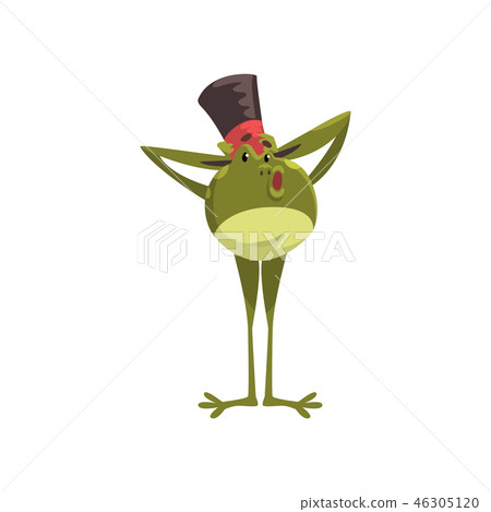 Green frog wearing black top hat, funny 