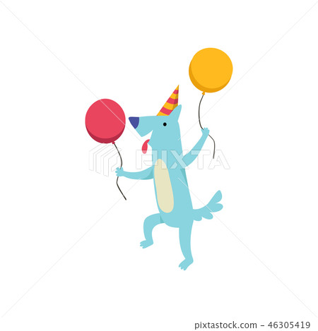 Cute dog in party hat with colorful balloons, funny cartoon animal character at birthday party Cute dog in party hat with colorful balloons, funny cartoon animal character at birthday party 46305419