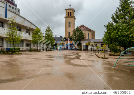 Rainy kindergarten and flooded garden 46305961