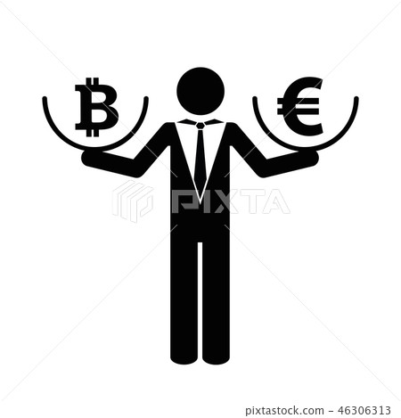 businessman with bitcoin and euro pictogram 46306313