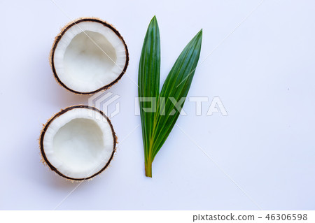 Coconut with leaf on white background. 46306598
