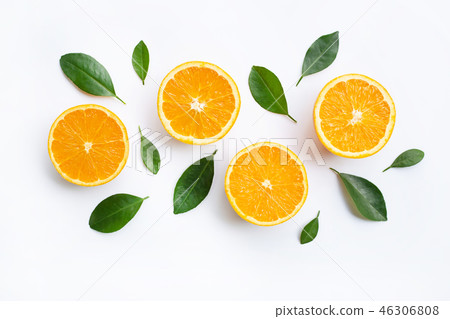 Top view of orange fruits and leaves Top view of orange fruits and leaves 46306808