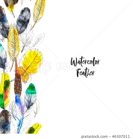 Watercolor frame with colorful feathers on... - Stock Illustration ...