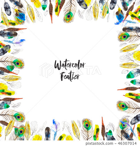 Watercolor frame with colorful feathers on... - Stock Illustration ...