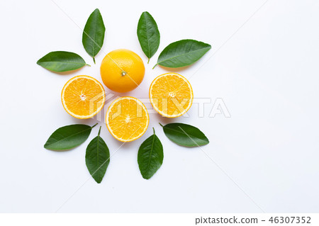 Fresh orange citrus fruit with green leaves Fresh orange citrus fruit with green leaves 46307352