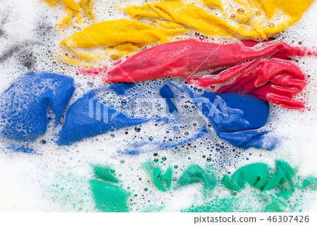 Washing clothes, colorful clothes soaked. Washing clothes, colorful clothes soaked. 46307426