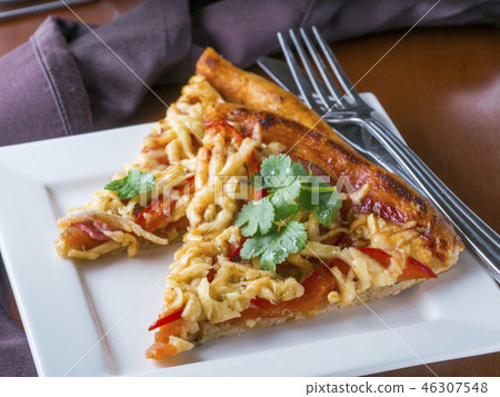 Two slices of pizza on white plate 46307548