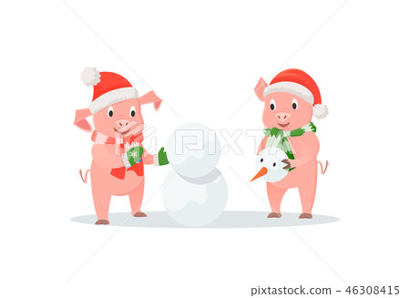 Pigs Building Snowman, New Year and Christmas 46308415