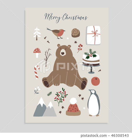 Merry Christmas greeting card, invitation. Set of cute Christmas animals and food icons. Bear Merry Christmas greeting card, invitation. Set of cute Christmas animals and food icons. Bear 46308543