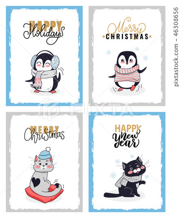 Cartoon Animals in Warm Cloth, Christmas Cards Cartoon Animals in Warm Cloth, Christmas Cards 46308656