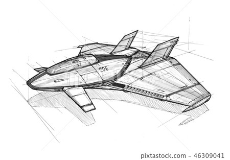 Ink Concept Art Drawing of Futuristic SpaceShip... - Stock Illustration