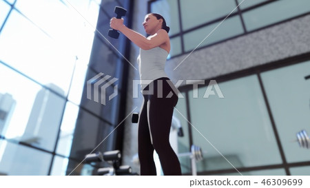Gym with a variety of exercise equipment and a sportswoman doing sports. 3D Rendering Gym with a variety of exercise equipment and a sportswoman doing sports. 3D Rendering 46309699