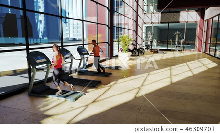 Gym with various exercise machines in it and people walking on treadmill. 3D Rendering 46309701
