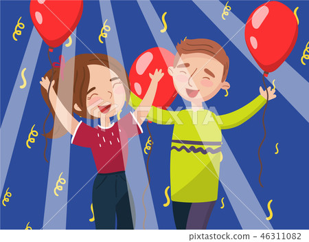 Happy man and woman celebrating with red balloons photo, best moments on pictures, portrait of 46311082