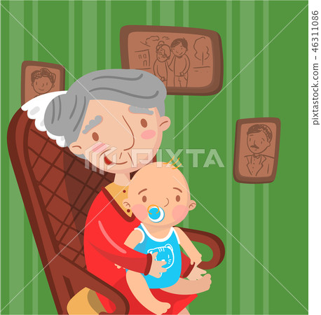 Grandmother with her grandson, photo on the background of retro room interior, best moments on Grandmother with her grandson, photo on the background of retro room interior, best moments on 46311086