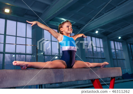 beautiful girl is engaged in sports gymnastics on a log 46311262