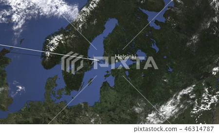Commercial airplane flying to Helsinki, Finland. 3D rendering  46314787
