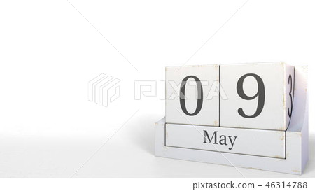Cube calendar shows May 9 date. 3D rendering 46314788