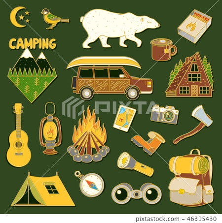 Set of cute camping elements. Stickers, doodle pins, patches. Equipment in forest. Mountain, fire 46315430