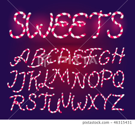 Candy cane Font. Sweet comic Alphabet Set. Isolated. Lettering template. Pink Sugar kids. Cartoon 46315431