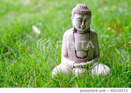 Small white Buddha statue in a meditation pose on green natural bright background. Religious symbol 46316413