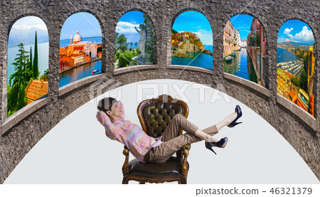 A beautiful woman is looking up by dreaming about the visiting of the most famous places in the A beautiful woman is looking up by dreaming about the visiting of the most famous places in the 46321379