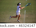 Junior tennis player hitting forehand stroke on a natural turf court 46324147